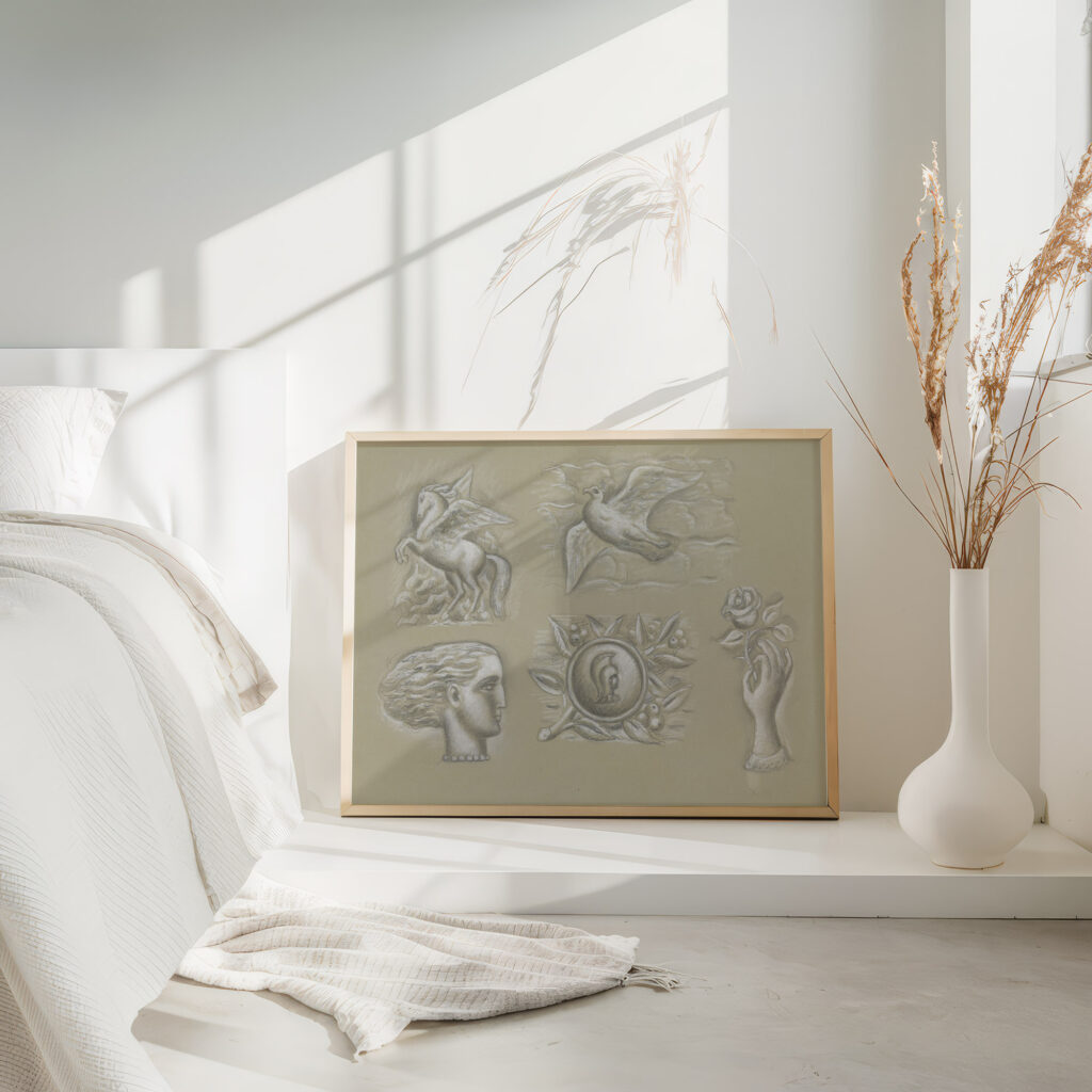 Ontwerpen voor een watermerk van een bankbiljet Pegasus duif vrouwenhoofd wapen en hand met roos 1891 Leo Gestel 4 mockup