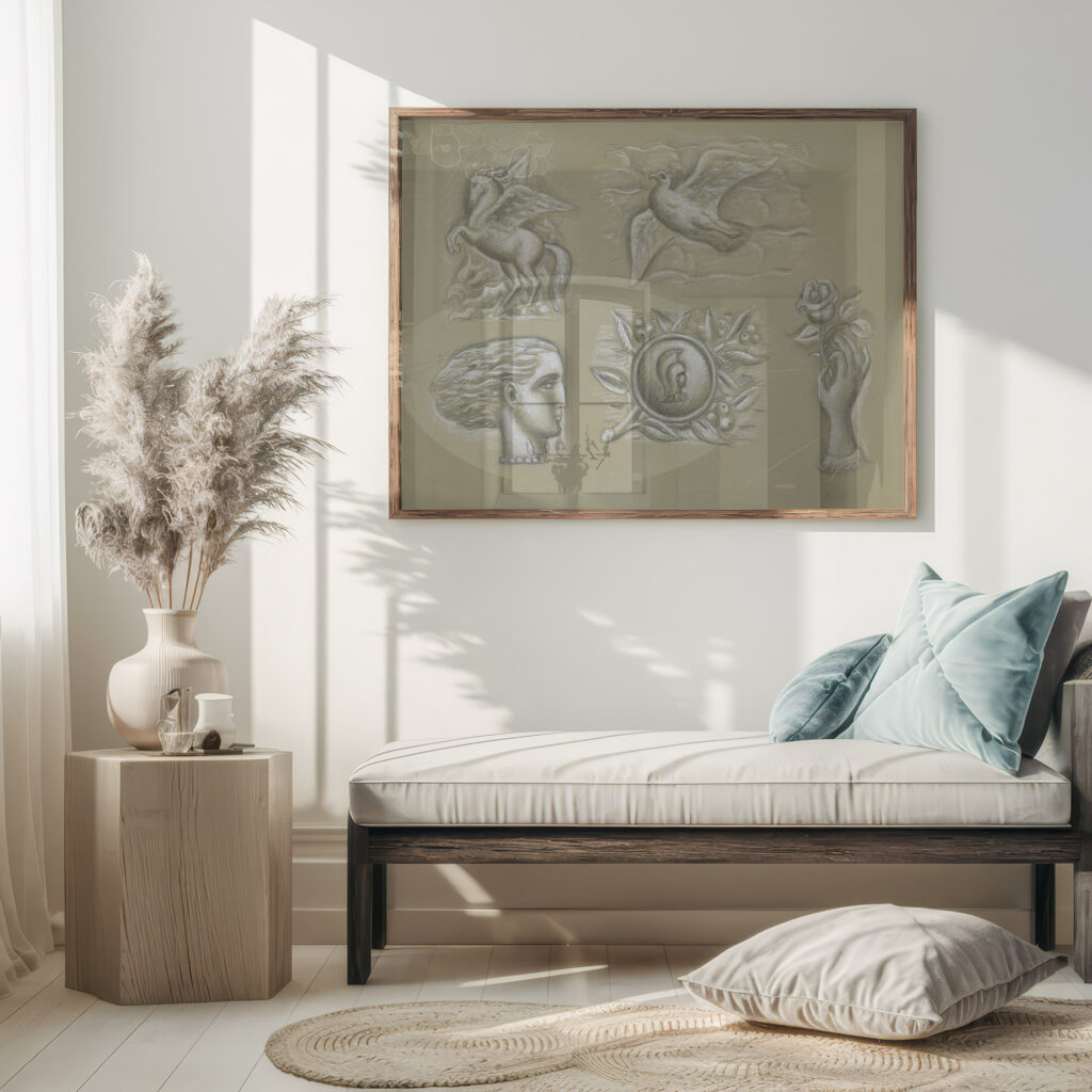 Ontwerpen voor een watermerk van een bankbiljet Pegasus duif vrouwenhoofd wapen en hand met roos 1891 Leo Gestel 5 mockup