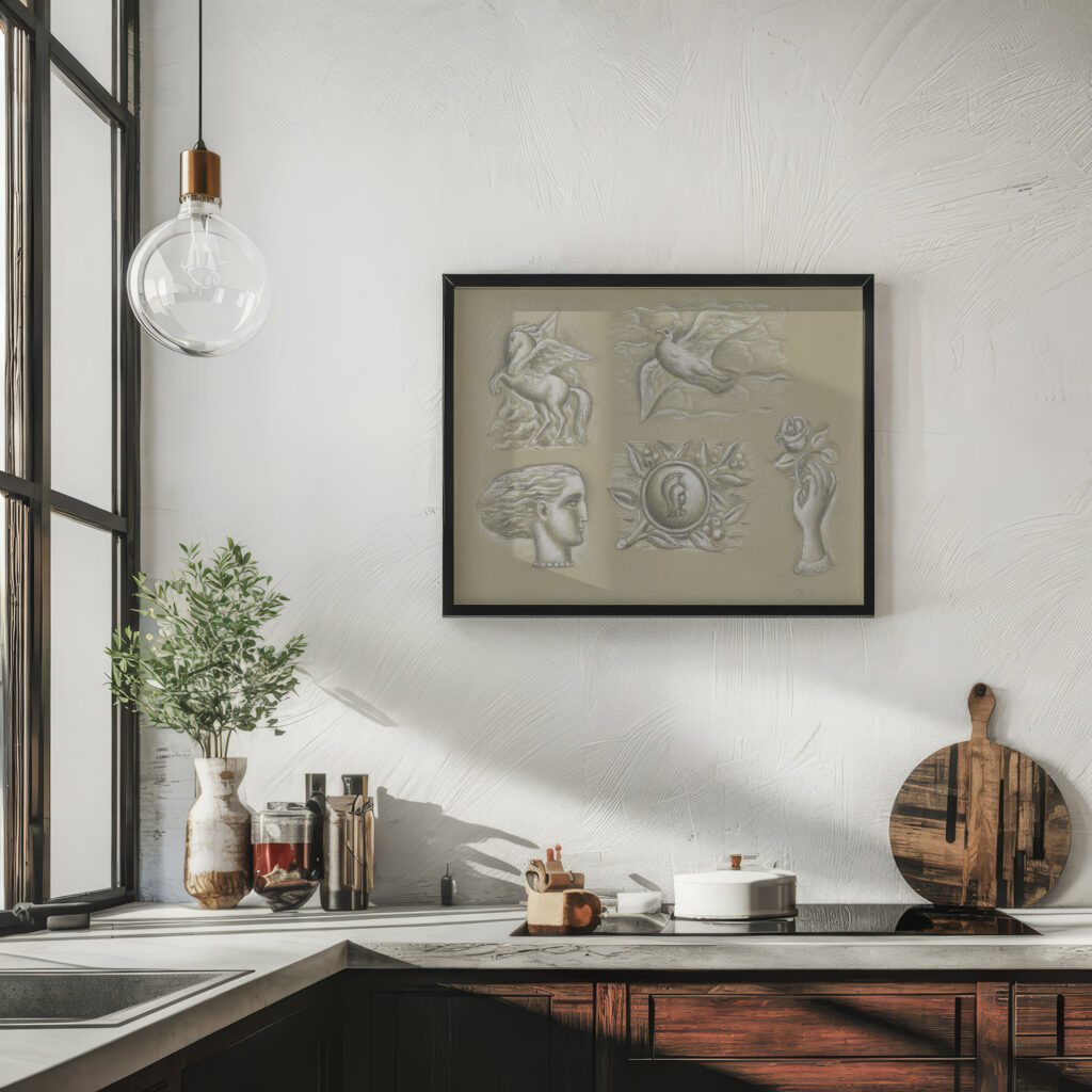 Ontwerpen voor een watermerk van een bankbiljet Pegasus duif vrouwenhoofd wapen en hand met roos 1891 Leo Gestel 6 mockup