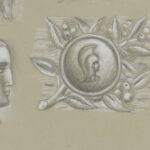 Ontwerpen voor een watermerk van een bankbiljet Pegasus duif vrouwenhoofd wapen en hand met roos 1891 Leo Gestel 8 mockup