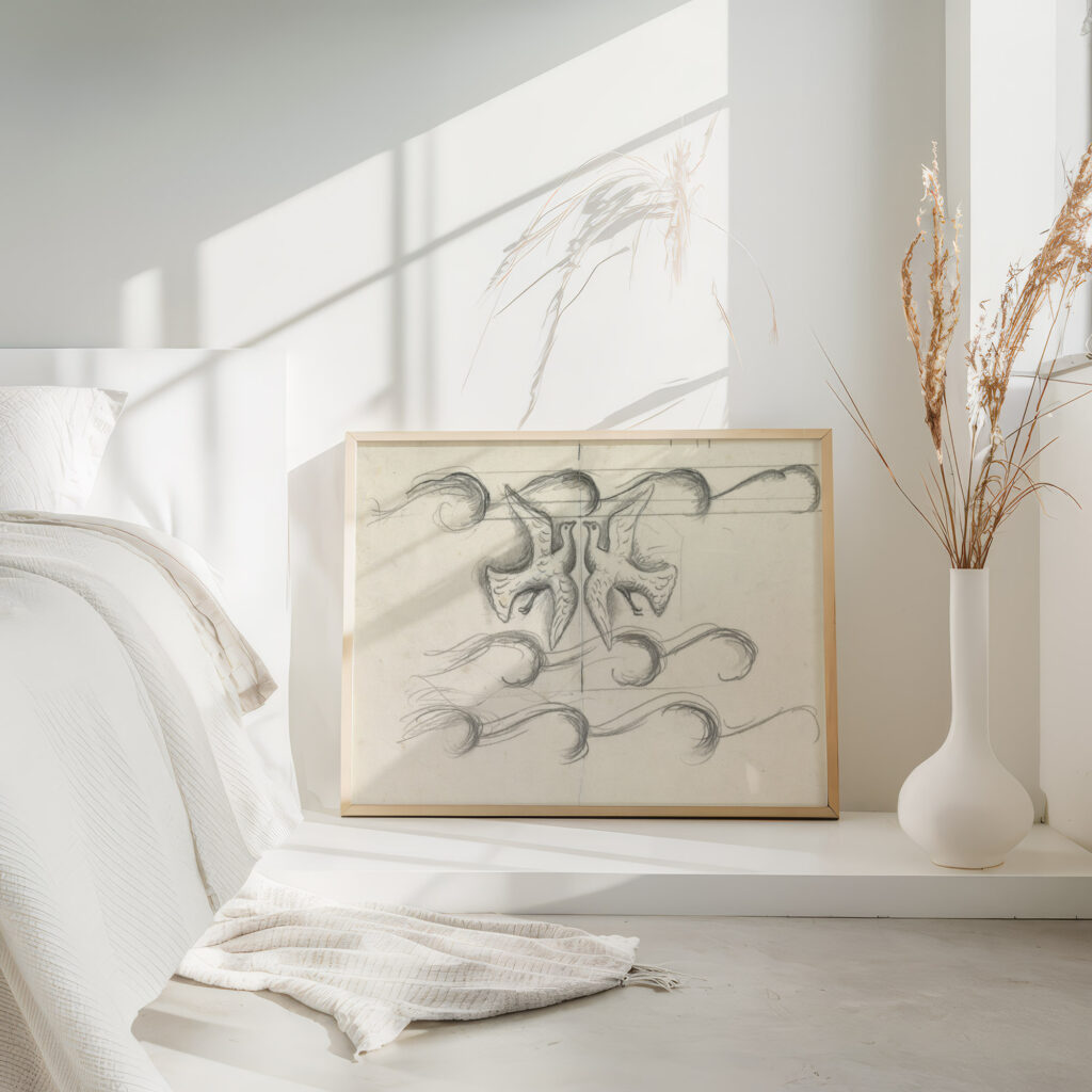 Ontwerpen voor een watermerk van een bankbiljet Twee duiven vliegend boven de golven 1891 Leo Gestel 4 mockup