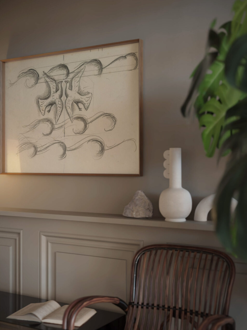 Ontwerpen voor een watermerk van een bankbiljet Twee duiven vliegend boven de golven 1891 Leo Gestel video mockup