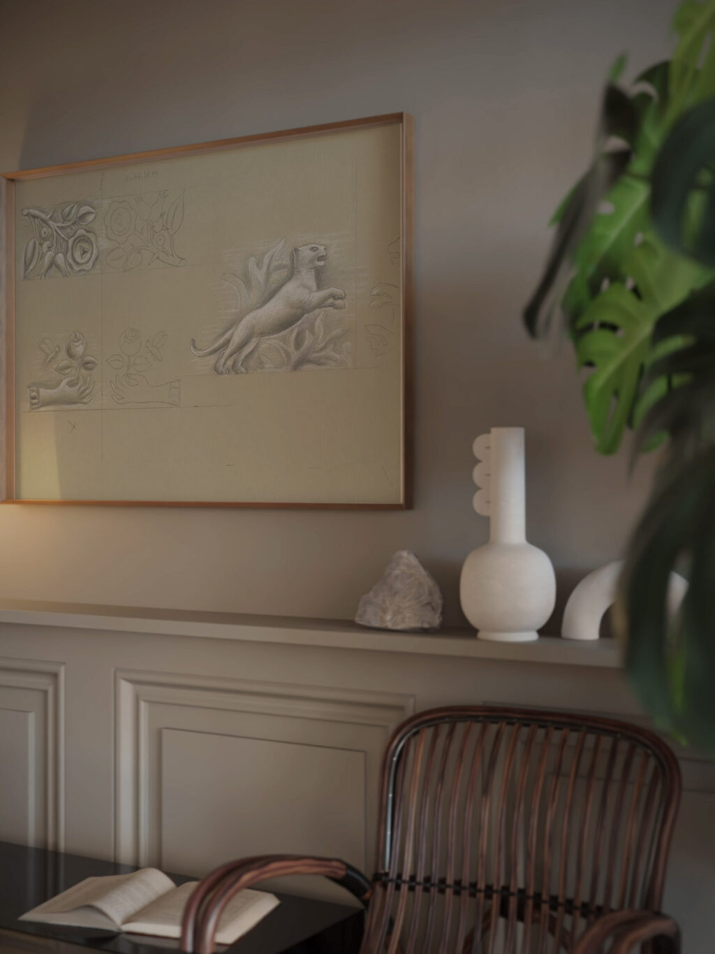 Ontwerpen voor een watermerk van een bankbiljet hand met roos roos panter 1891 Leo Gestel video mockup
