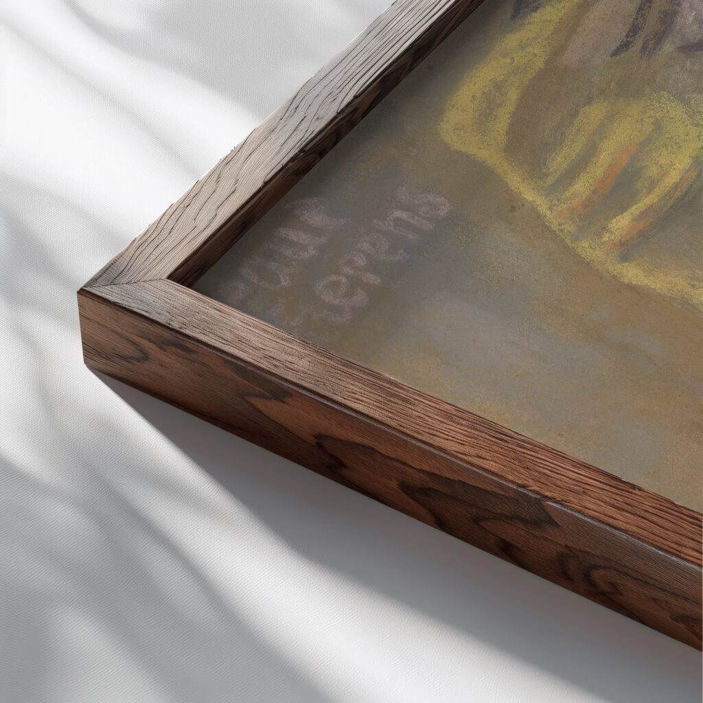 Ontwerpschets voor Paul Fierens ‘lArt Hollandais contemporain twee mannen hoofden en profil afgebeeld van elkaar weg kijkend. 1933 Leo Gestel close up dark wood mockup