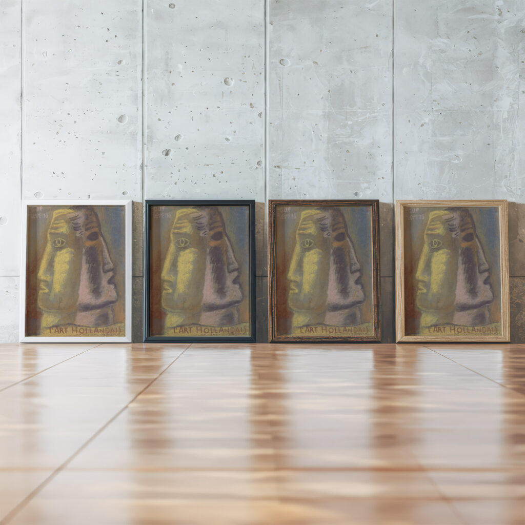 Ontwerpschets voor Paul Fierens ‘lArt Hollandais contemporain twee mannen hoofden en profil afgebeeld van elkaar weg kijkend. 1933 Leo Gestel framed posters mockup