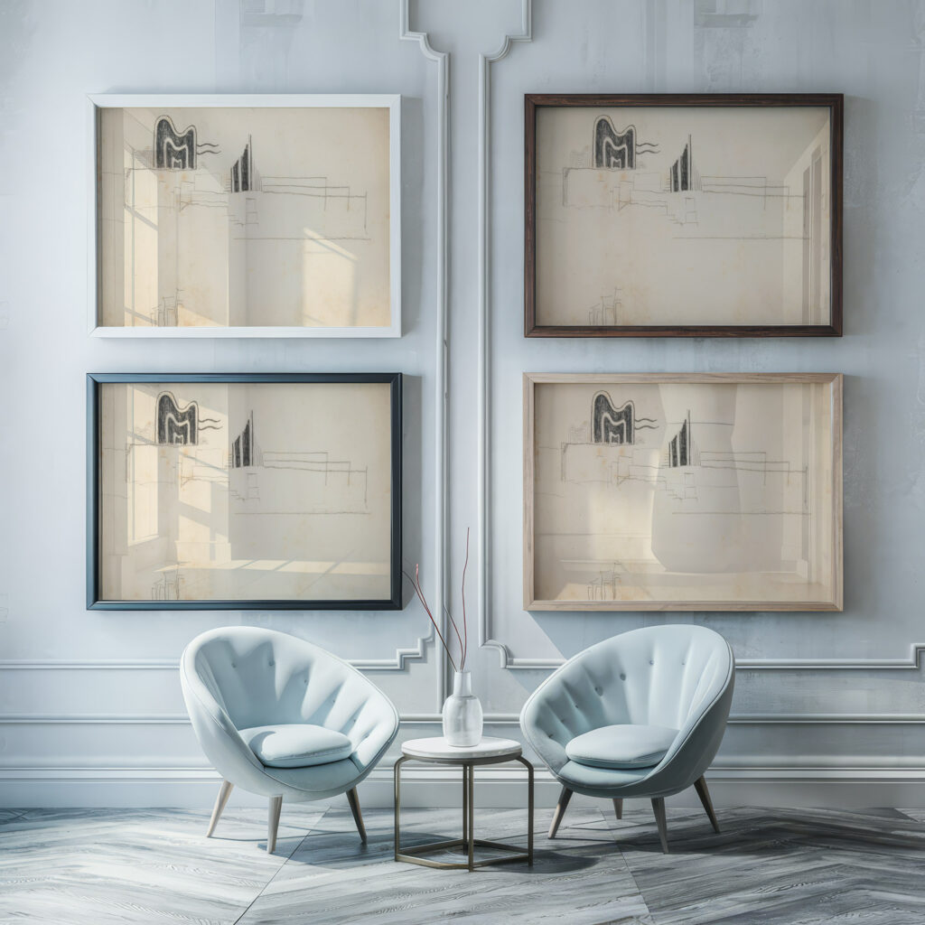 Original drawings and manuscripts by the artist and documentary material 3 early 20th century Viking Eggeling framed posters mockup