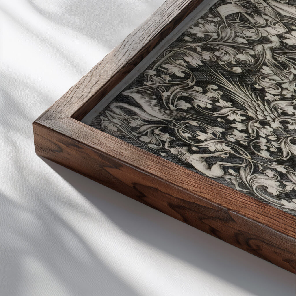 Ornament with lovers 1480 – 1503 Israhel Van Meckenem close up dark wood mockup