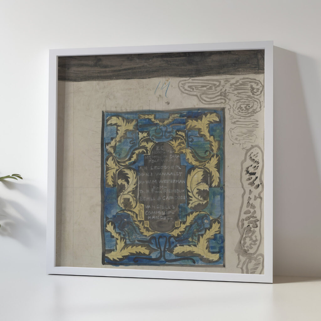 Ornamentaal ontwerp met namen van Van Stolks Commissiehandel 1874 Carel Adolph Lion Cachet 5 mockup