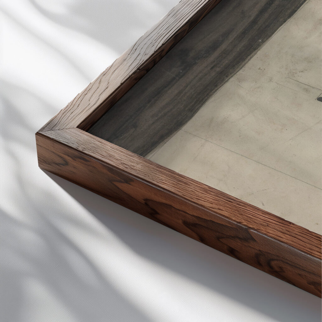 Ornamentaal ontwerp met namen van Van Stolks Commissiehandel 1874 Carel Adolph Lion Cachet close up dark wood mockup