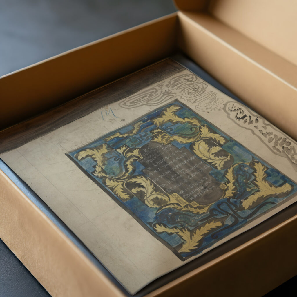 Ornamentaal ontwerp met namen van Van Stolks Commissiehandel 1874 Carel Adolph Lion Cachet video mockup