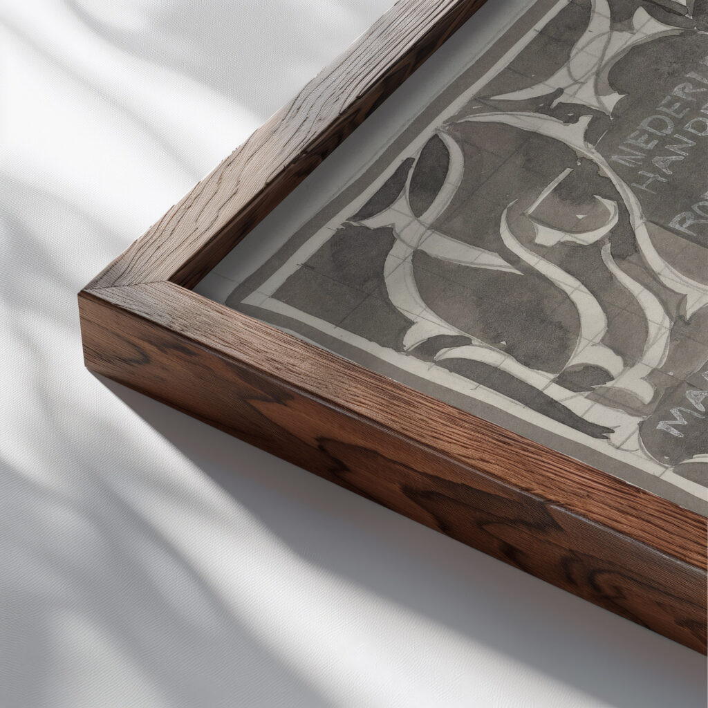 Ornamentaal ontwerp met namen van bedrijven 1874 Carel Adolph Lion Cachet close up dark wood mockup
