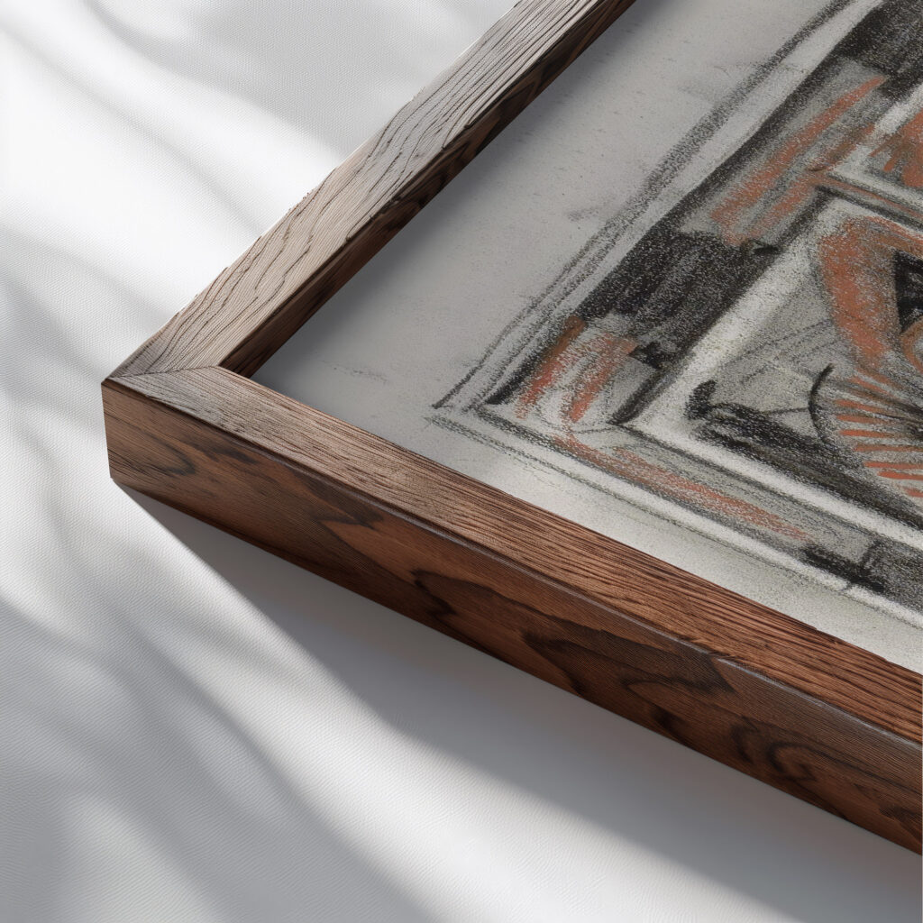 Ornamenteel ontwerp 1895 Carel Adolph Lion Cachet close up dark wood mockup
