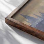 Out of my London window dome and spires and chimneys mist and smoke 1890 Joseph Pennell close up dark wood mockup