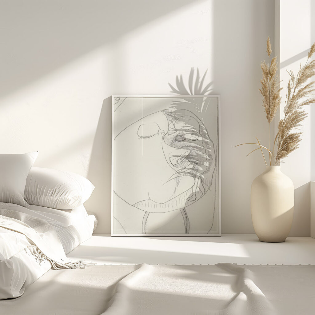 Ovaal met een kop in profiel naar rechts twee benen en een kop met gesloten ogen 1943 11 24 Samuel Jessurun de Mesquita 4 mockup