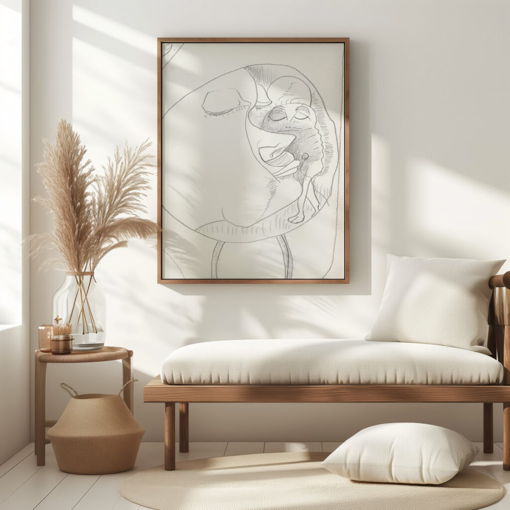 Ovaal met een kop in profiel naar rechts twee benen en een kop met gesloten ogen 1943 11 24 Samuel Jessurun de Mesquita 5 mockup