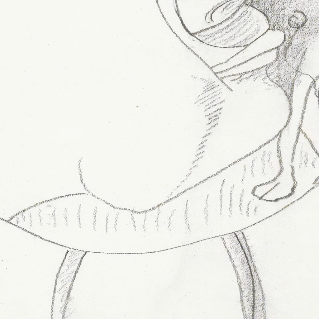 Ovaal met een kop in profiel naar rechts twee benen en een kop met gesloten ogen 1943 11 24 Samuel Jessurun de Mesquita 8 mockup