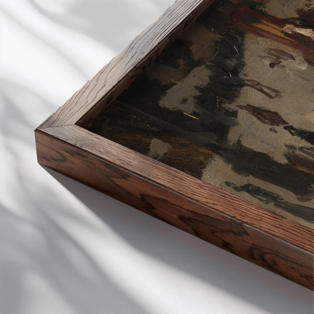 Paardentrams en figuren op een plein George Hendrik Breitner close up dark wood mockup