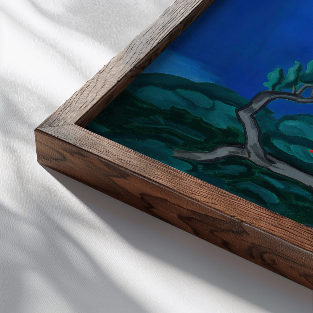 Pagoda Red Tank West Quincy 1927 Oscar Bluemner close up dark wood mockup