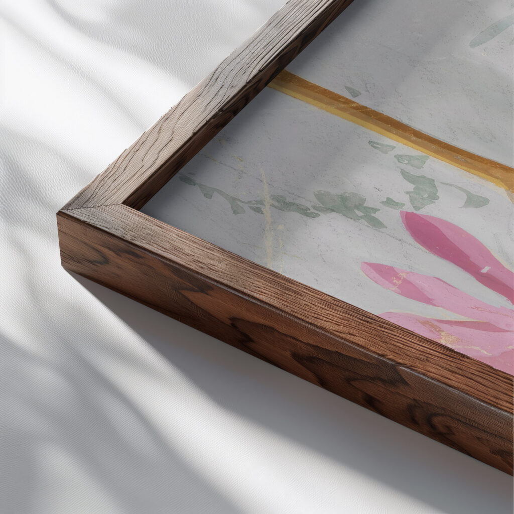 Partial depiction of pink blossoms and green leaves late 19th century Unknown close up dark wood mockup