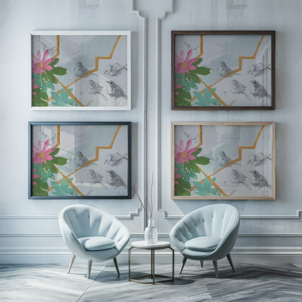 Partial depiction of pink blossoms and green leaves late 19th century Unknown framed posters mockup