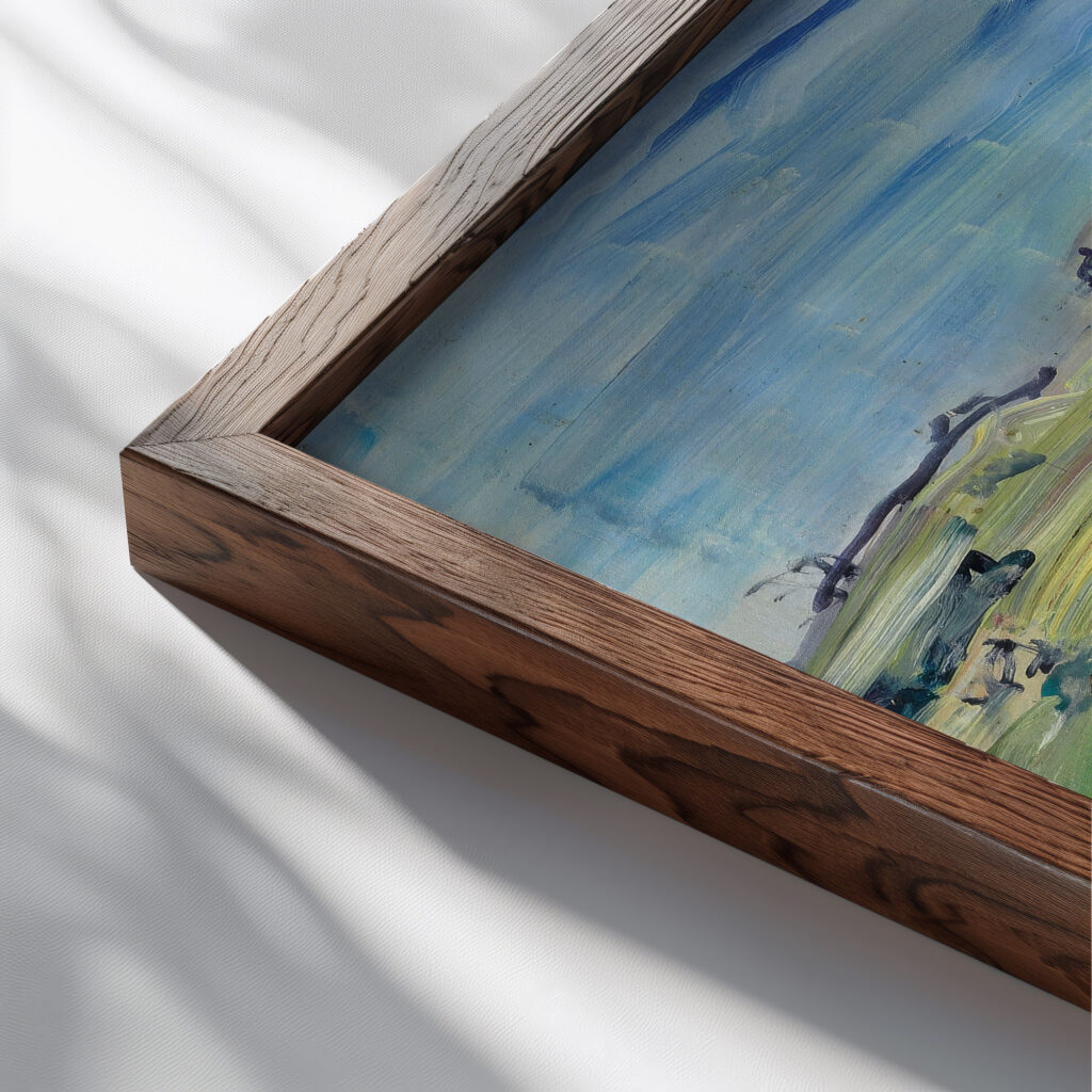Paysage au champ de ble aux boeufs circa 1935 Raoul Dufy close up dark wood mockup