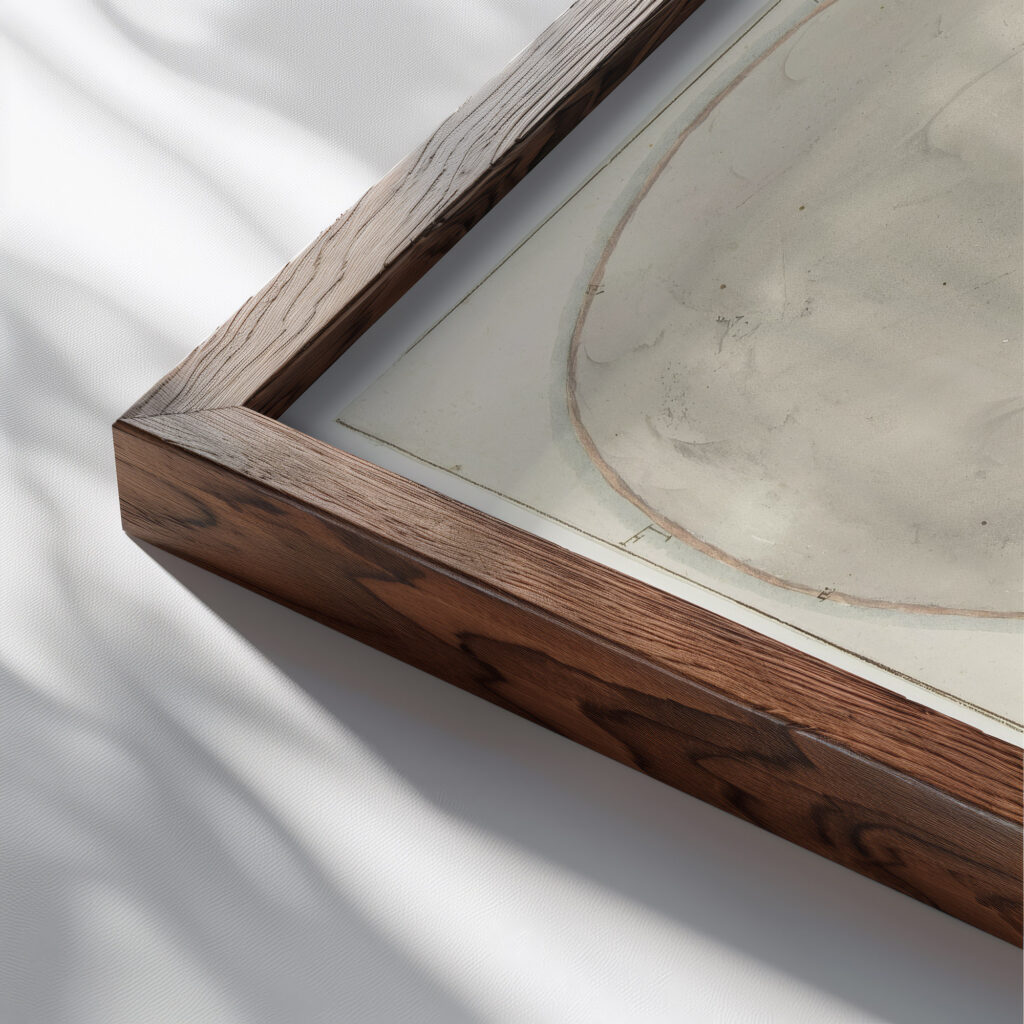 Plattegrond met afmetingen van oude stad Manduria 1778 Willem Carel Dierkens close up dark wood mockup