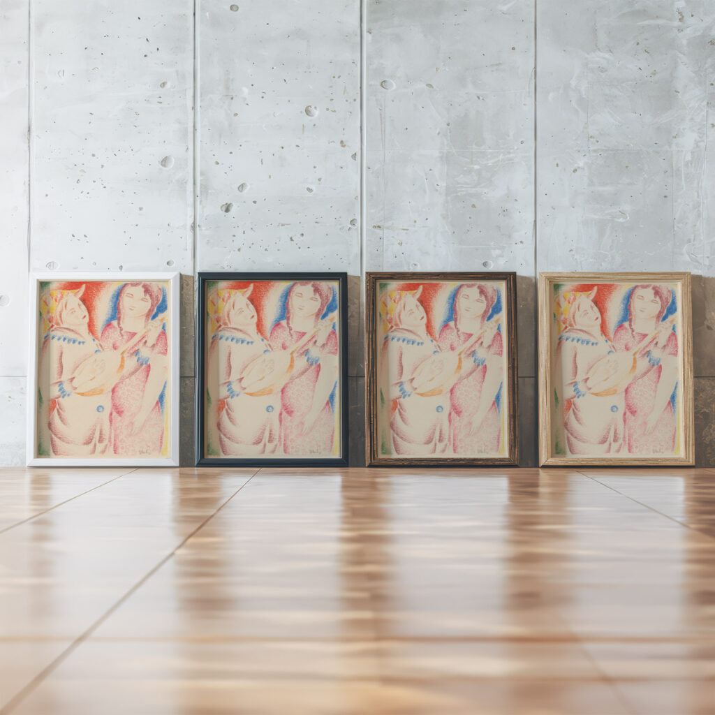 Playing the mandolin 1927 1928 Mikulas Galanda framed posters mockup