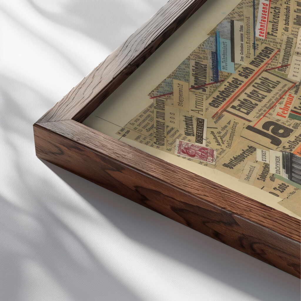 Political collage 1938 Karl Wiener close up dark wood mockup