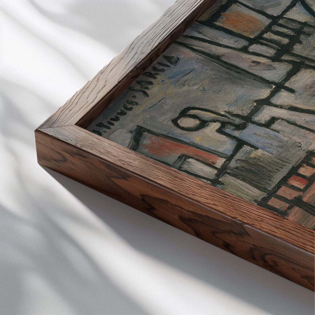 Port gris au bateau rose 1928 Joaquin Torres Garcia close up dark wood mockup