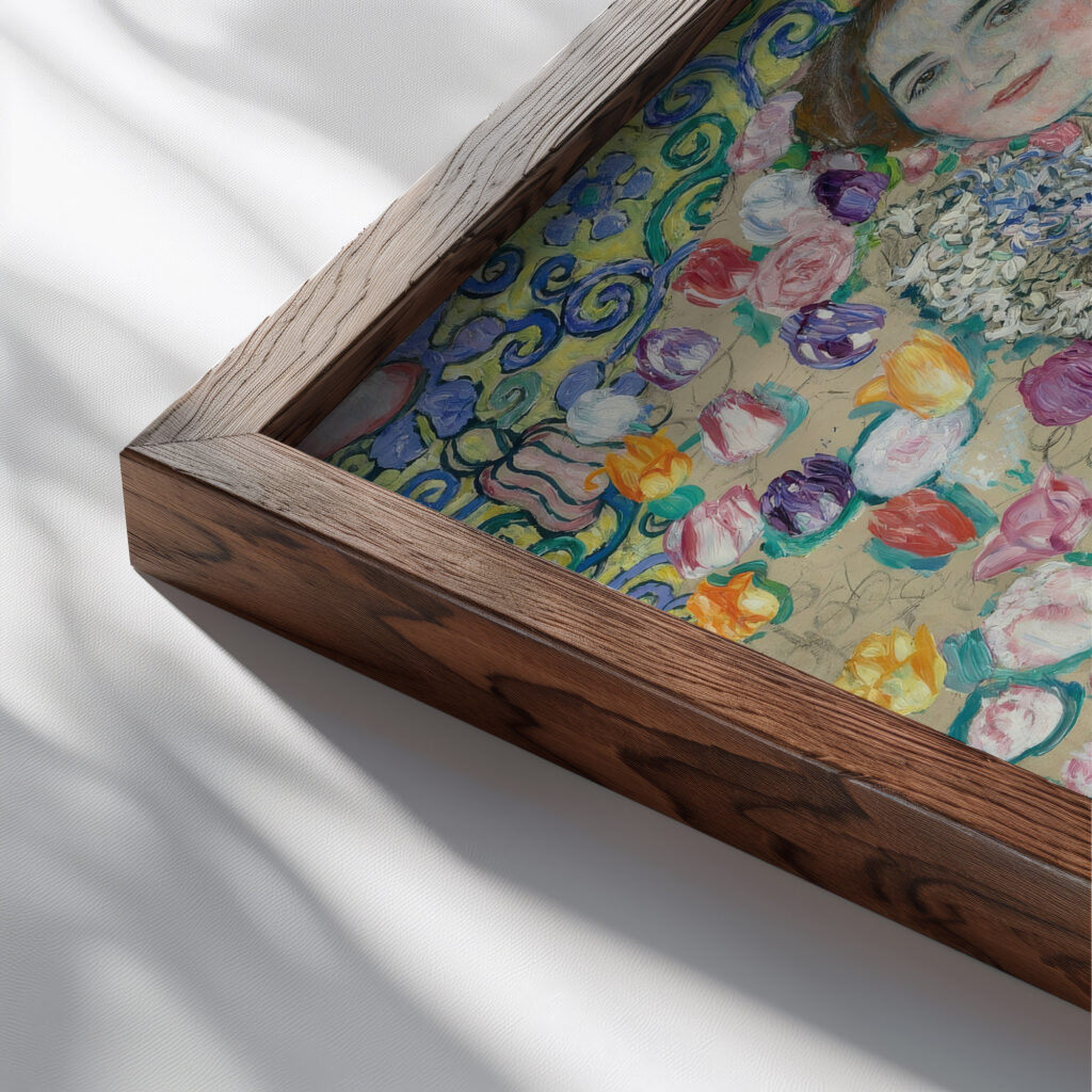 Posthumous Portrait of Ria Munk III ca 1917 1918 Gustav Klimt close up dark wood mockup