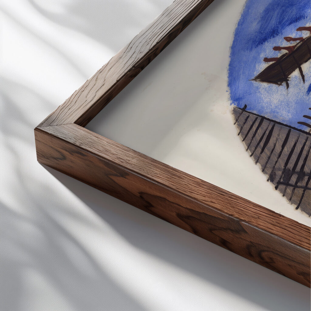 Preparatory drawing for ‘The teaching of the Indians 1941 Candido Portinari close up dark wood mockup