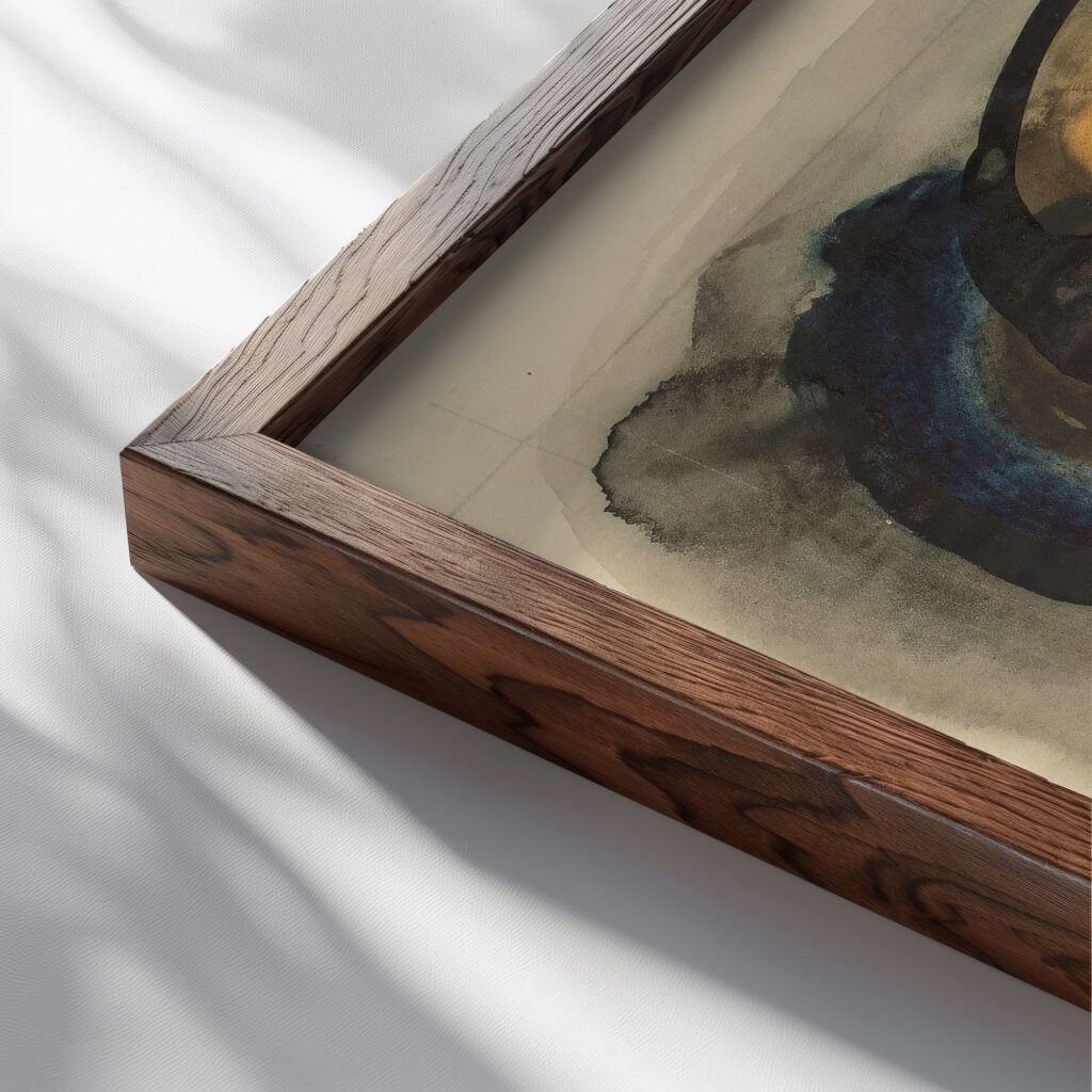 Profilkopf in Fleckformen Circa 1930 Oskar Schlemmer close up dark wood mockup