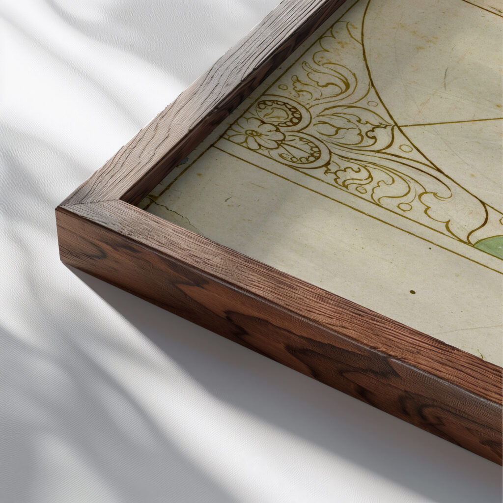 Projet de panneau de vitrail a decor abstrait Prosper Lafaye close up dark wood mockup