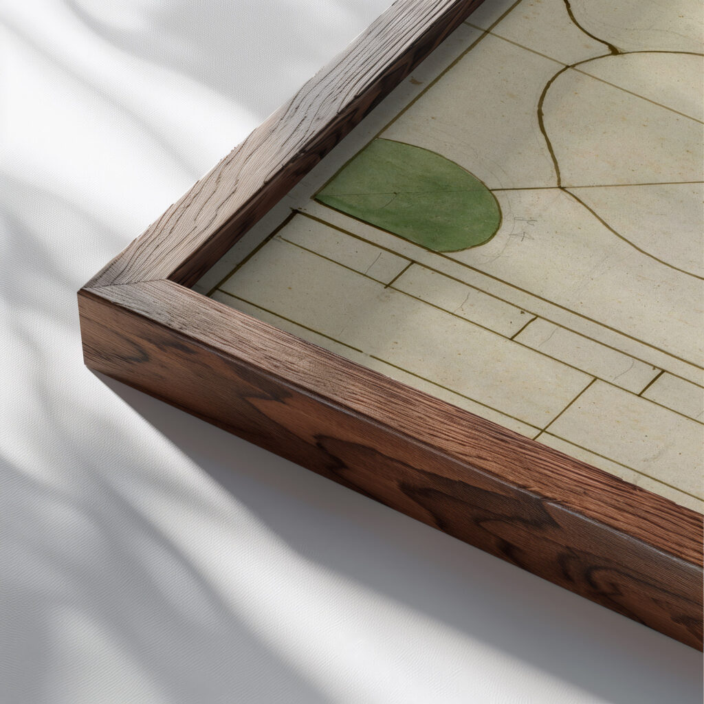 Projet de panneau de vitrail a decor quadrilobe Prosper Lafaye close up dark wood mockup