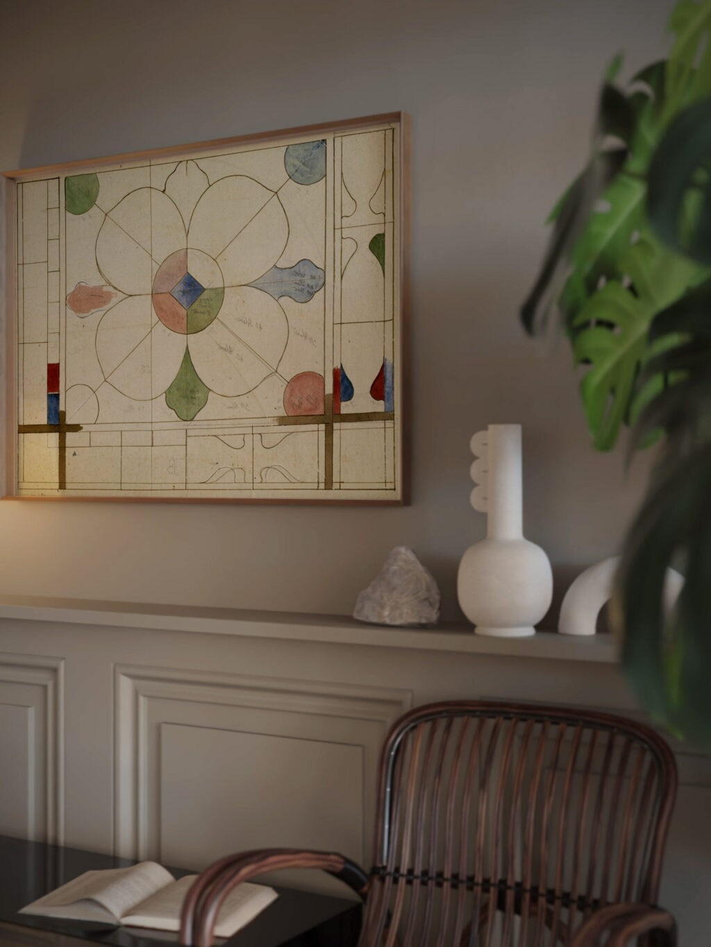 Projet de panneau de vitrail a decor quadrilobe Prosper Lafaye video mockup