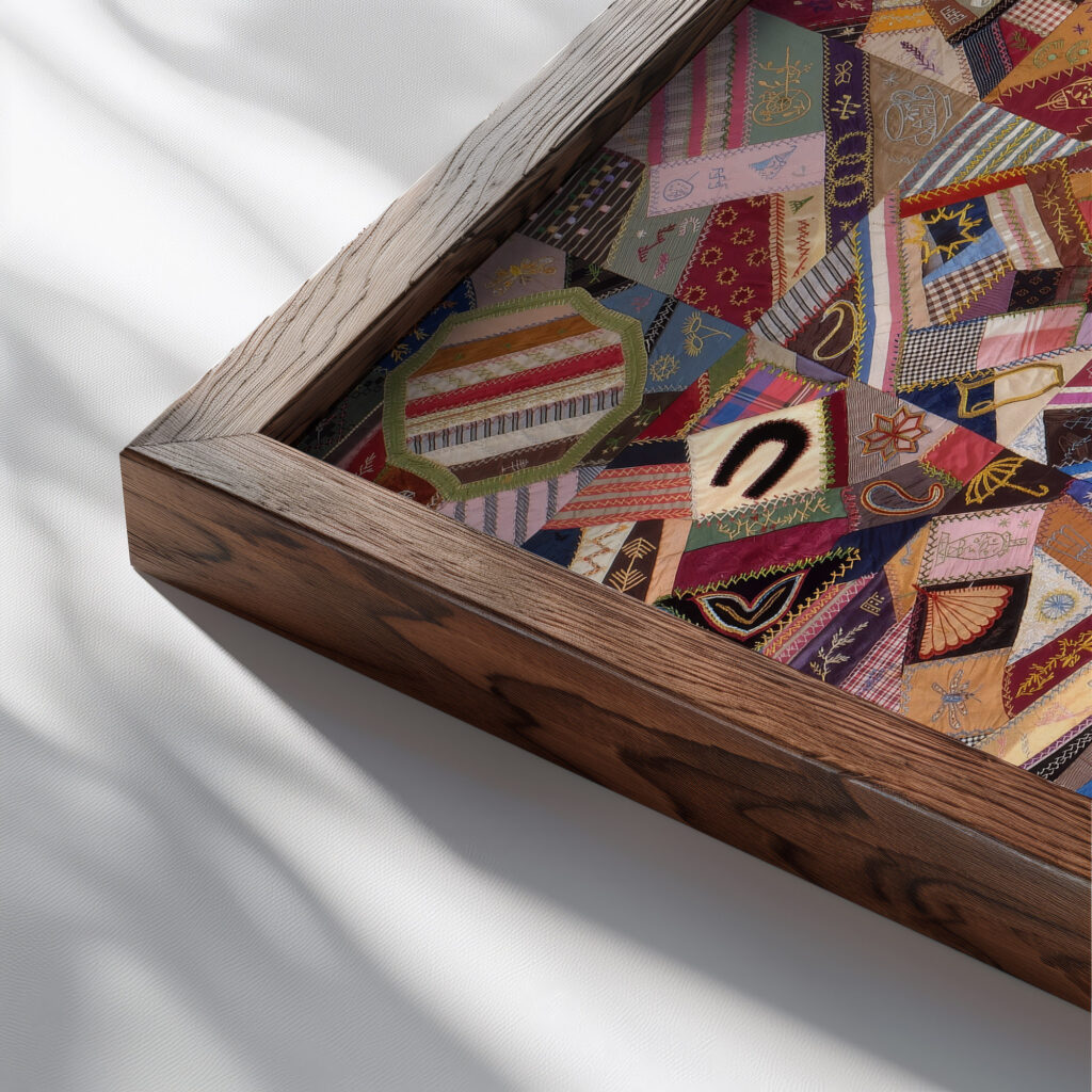 Quilt Top Crazy pattern ca 1885 Unknown close up dark wood mockup