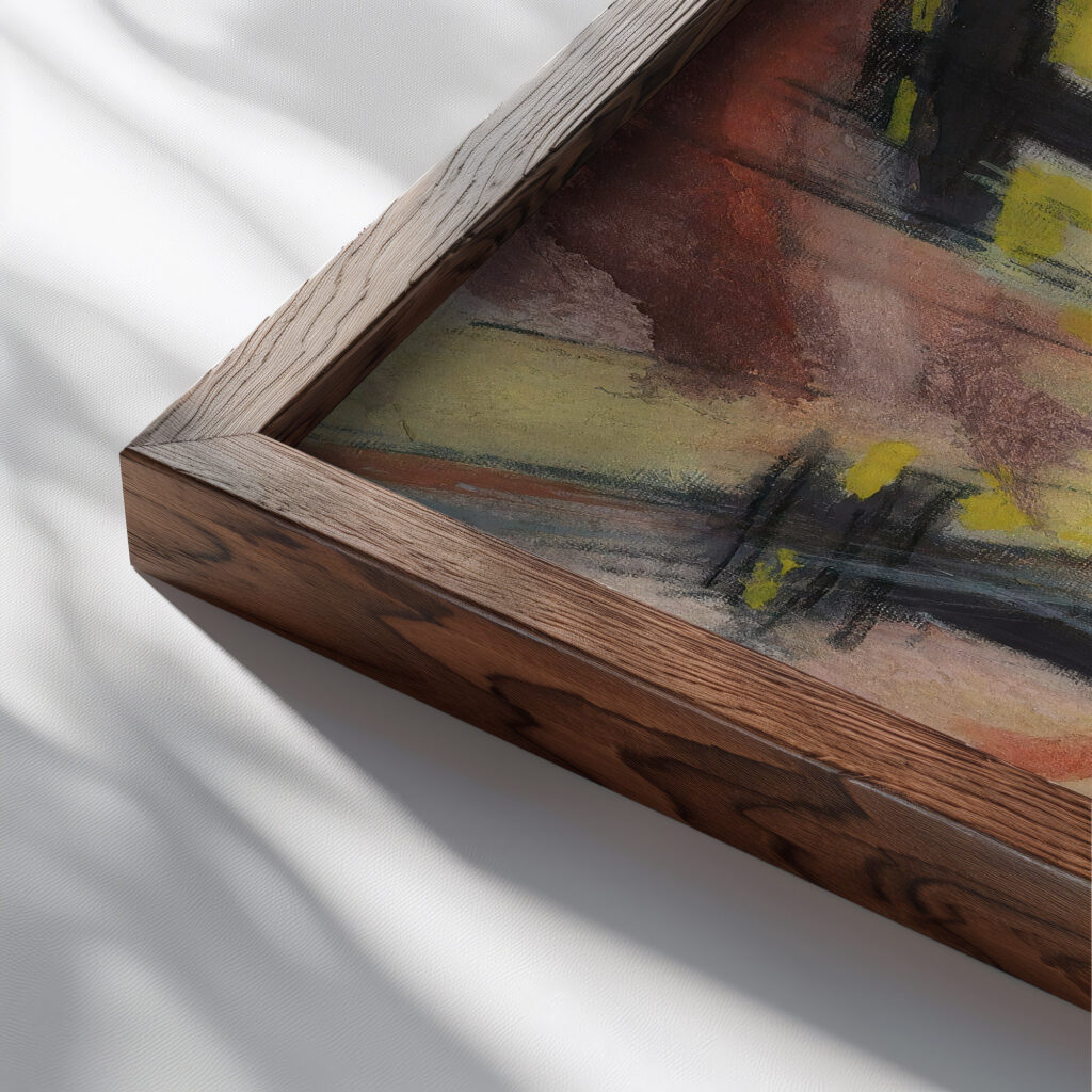 Railroad Tracks Cityscape With Sun 1927 Oscar Bluemner close up dark wood mockup