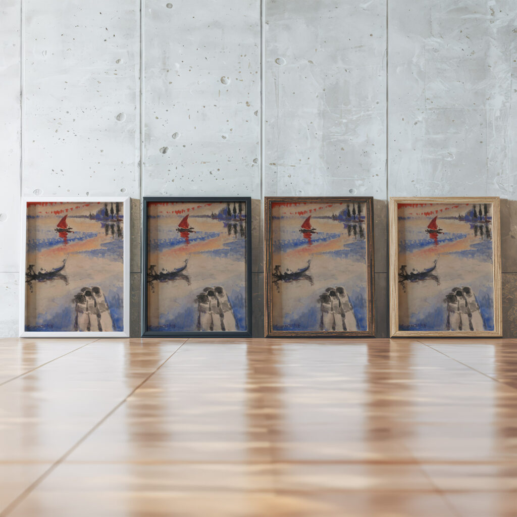 Red Sailing Ship and Gondola Jules Schmalzigaug framed posters mockup