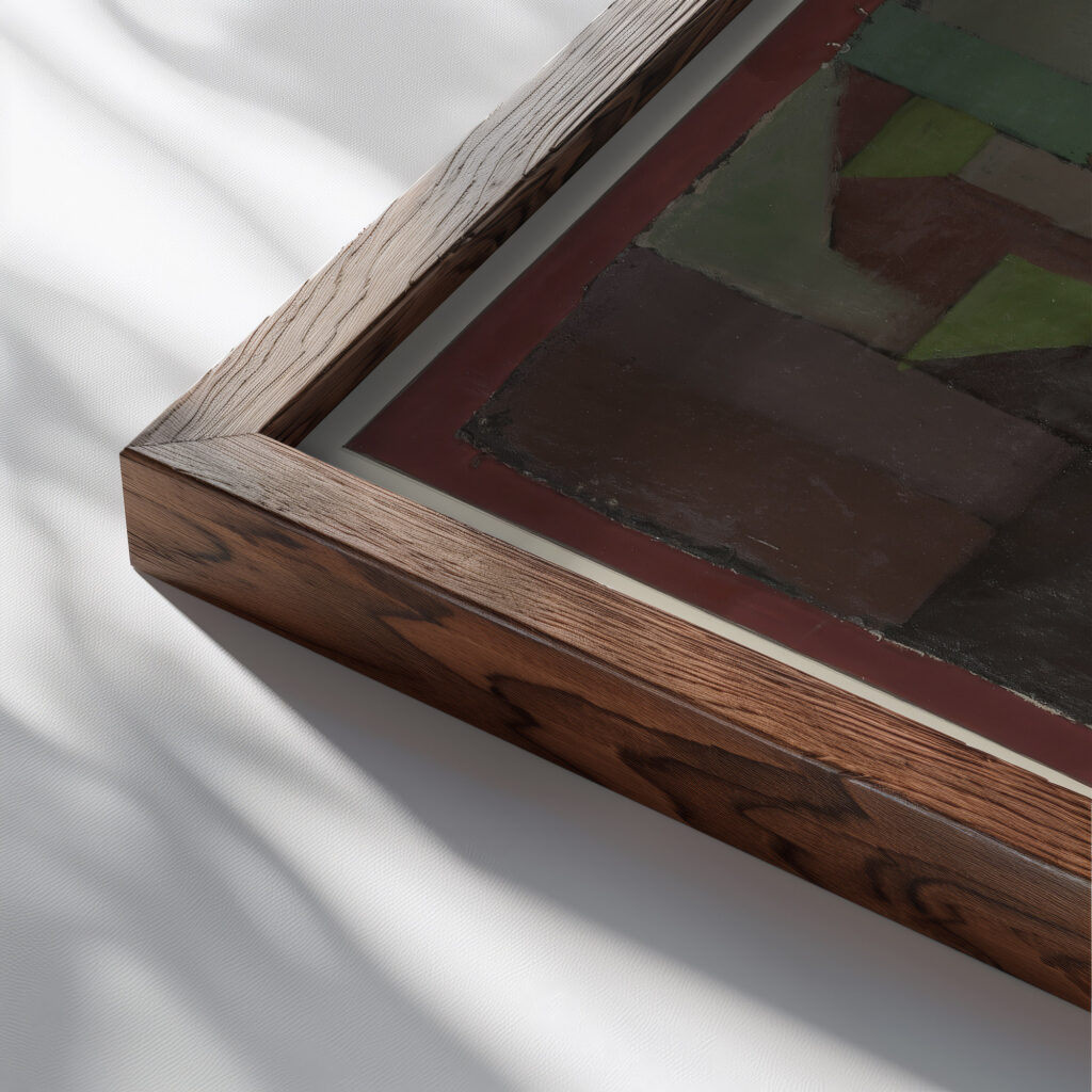 RedGreen Architecture yellowviolet gradation 1922 Paul Klee close up dark wood mockup