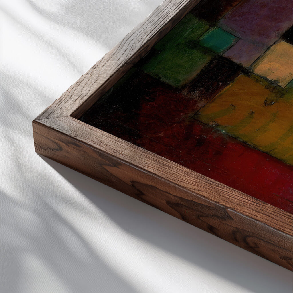 Redgreen and Violet Yellow Rhythms 1920 Paul Klee close up dark wood mockup