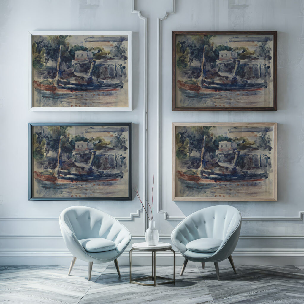 Remorquer quai Bucherel Pontoise Les Becs de gaz Louis Hayet framed posters mockup