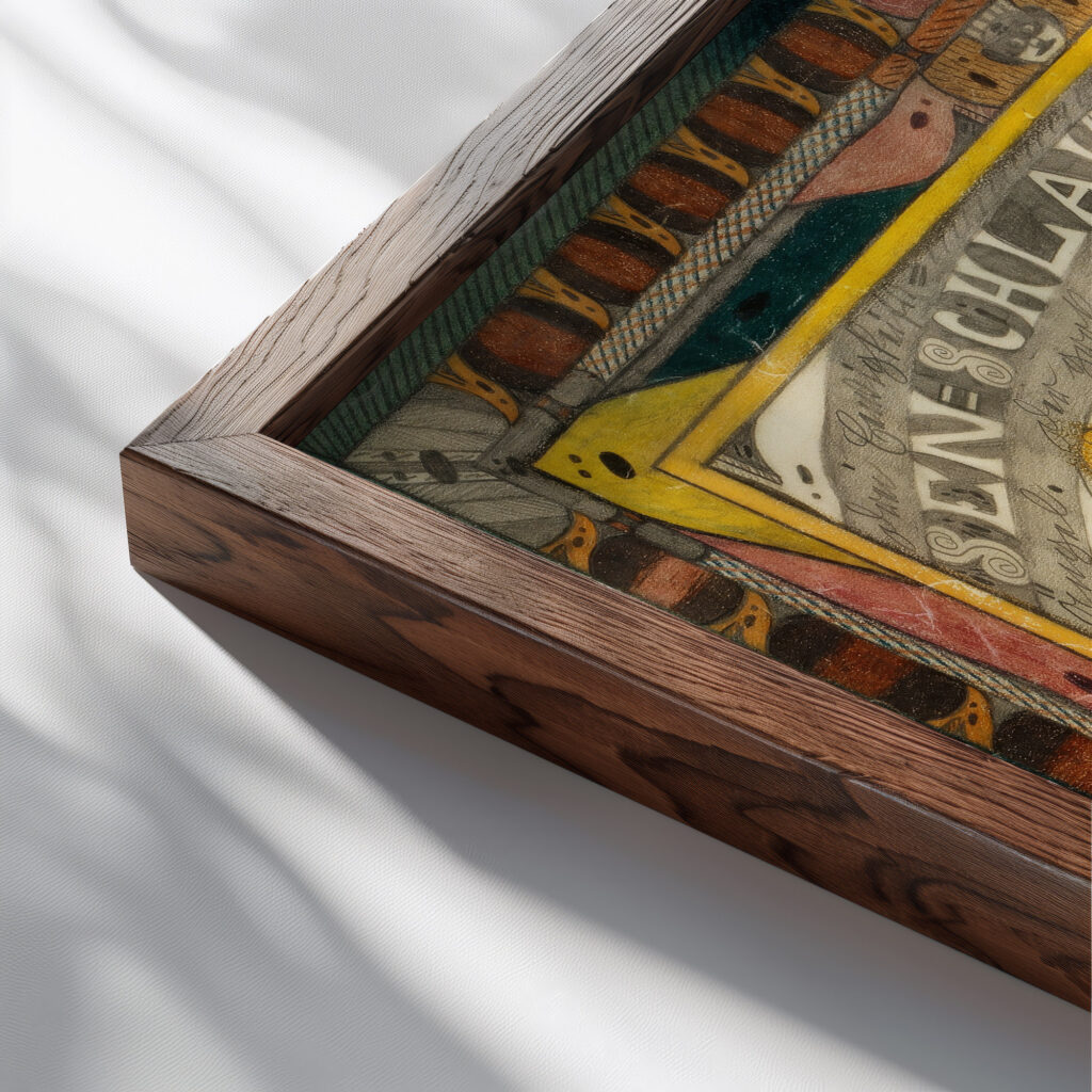 RiesenSchlange Sorrantta drei EewigkeitsAngel und der grose Skt. AdolfStarn in der alten Schopfung 1921 Adolf Wolfli close up dark wood mockup