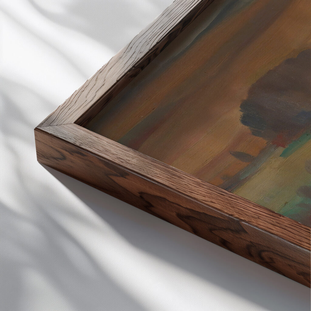 River Landscape With Buildings 1930 Ilmari Aalto close up dark wood mockup