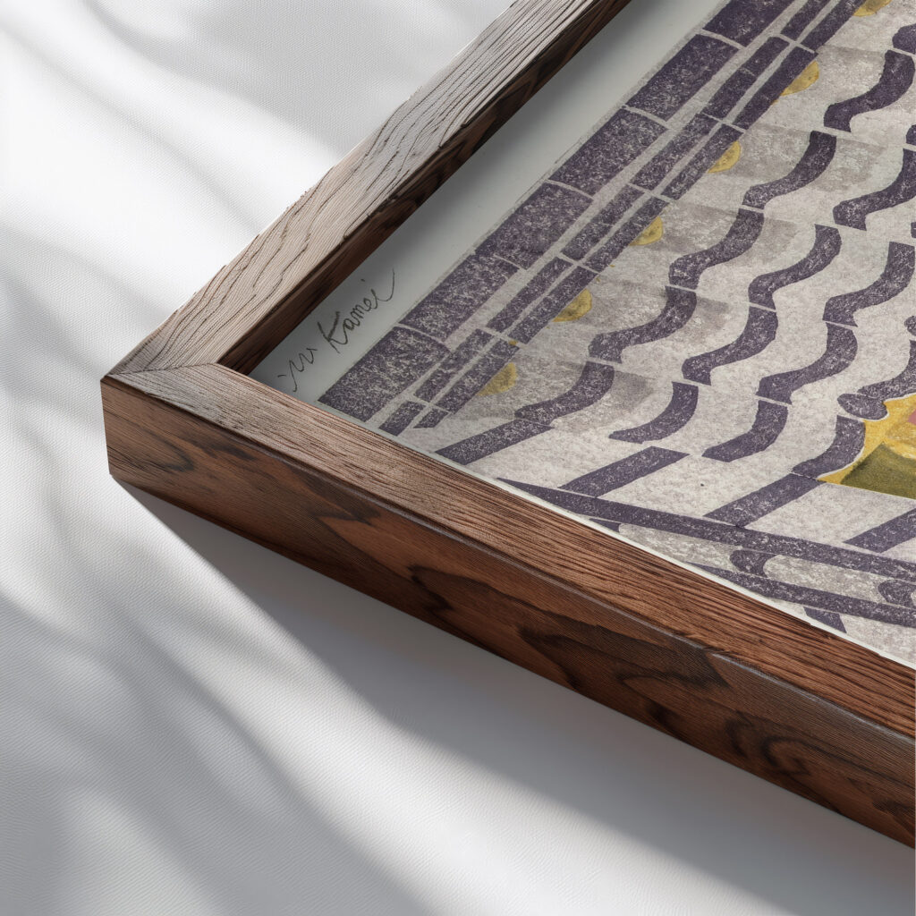 Rotstuin van de Ryoanji 1925 Kamei Tobei close up dark wood mockup