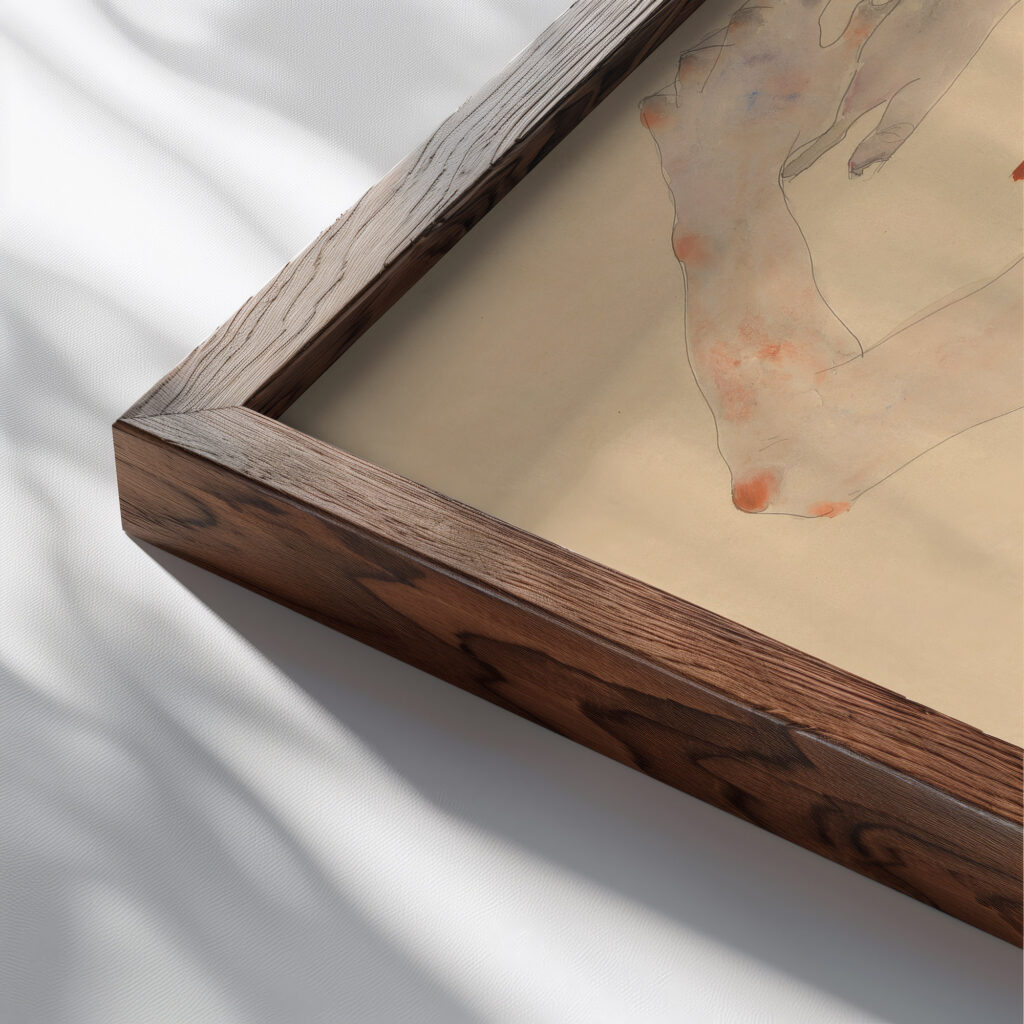 Ruckenakt mit buntem Tuch 1911 Egon Schiele close up dark wood mockup