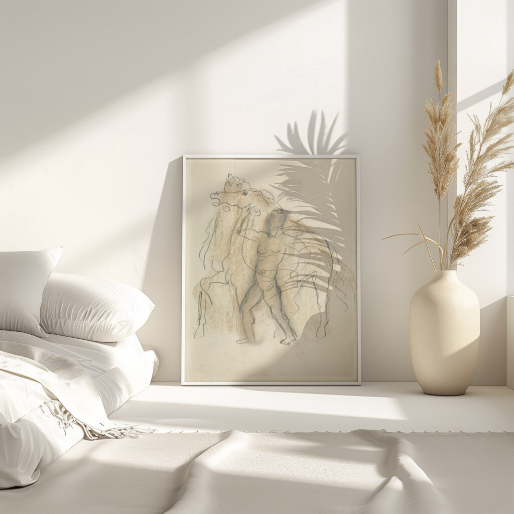 Schetsblad met man die twee paarden in bedwang houdt 1891 Leo Gestel 4 mockup