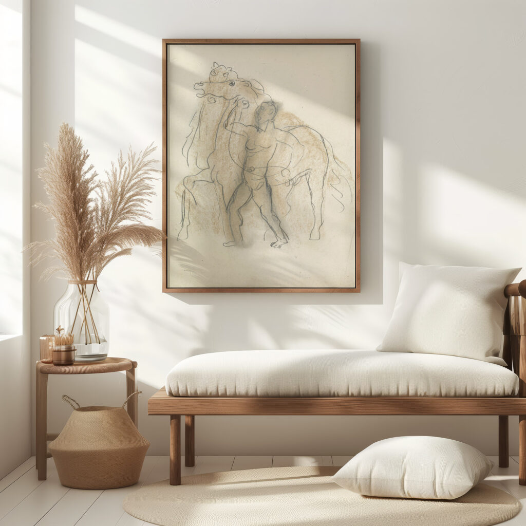 Schetsblad met man die twee paarden in bedwang houdt 1891 Leo Gestel 5 mockup