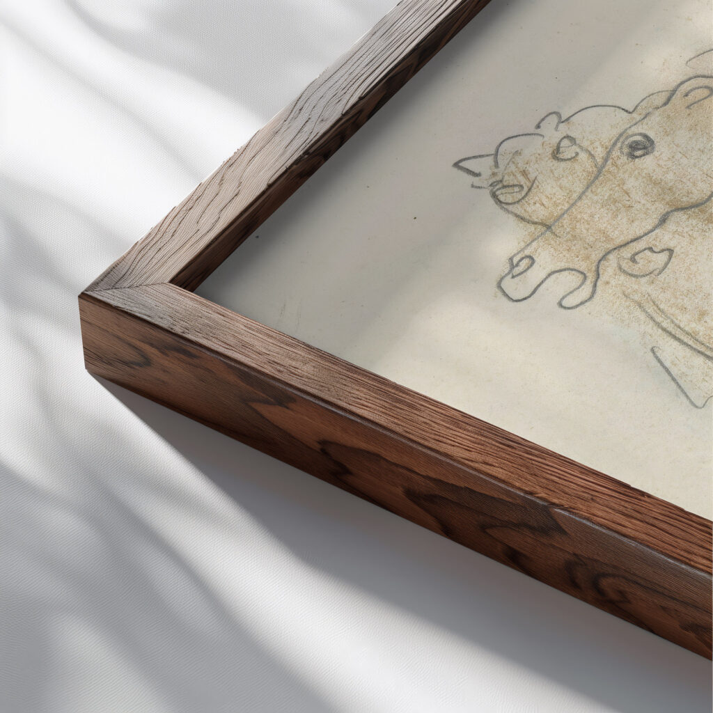 Schetsblad met man die twee paarden in bedwang houdt 1891 Leo Gestel close up dark wood mockup