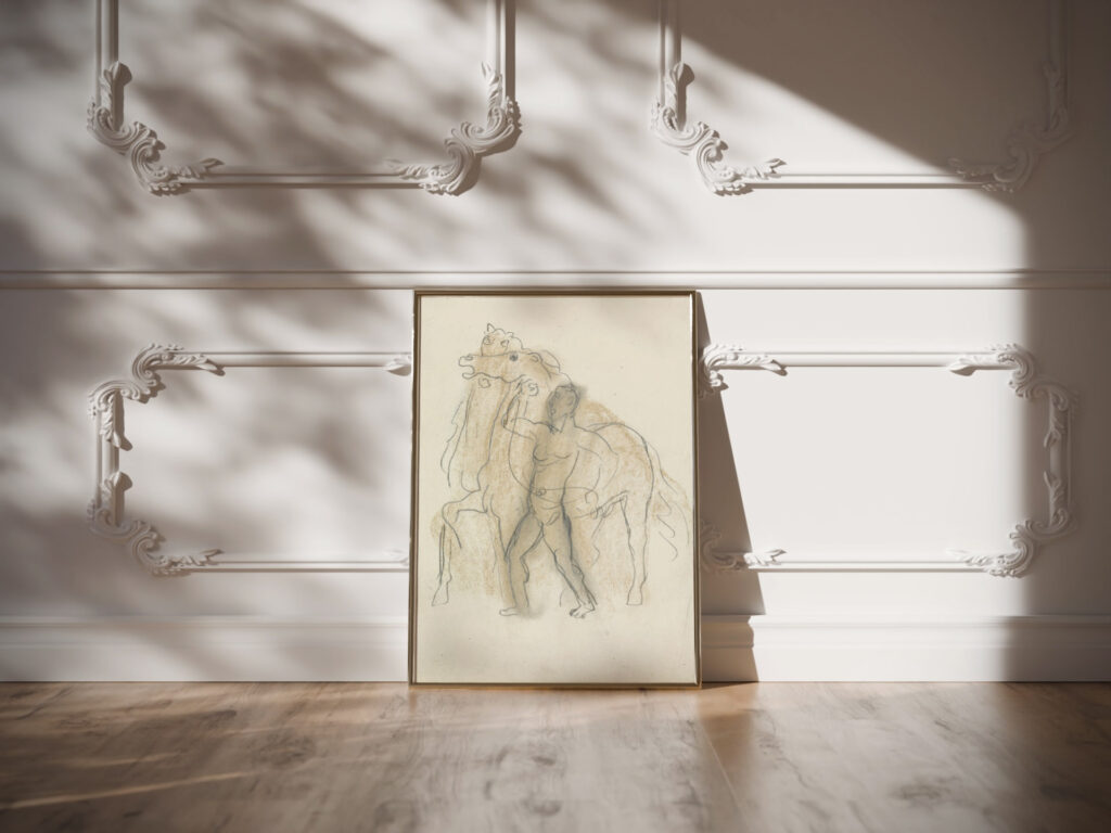 Schetsblad met man die twee paarden in bedwang houdt 1891 Leo Gestel video mockup