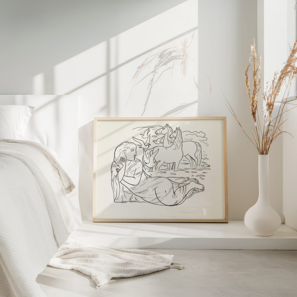 Schetsblad met vrouw liggend aan het strand met twee paarden en enkele zeemeeuwen 1891 Leo Gestel 4 mockup